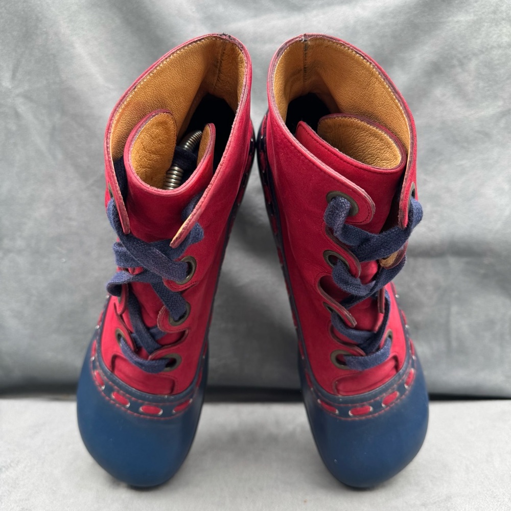 John Fluevog Operetta Bordoni Ankle Boots Women’s 8 Navy & Red Leather - Picture 12 of 16